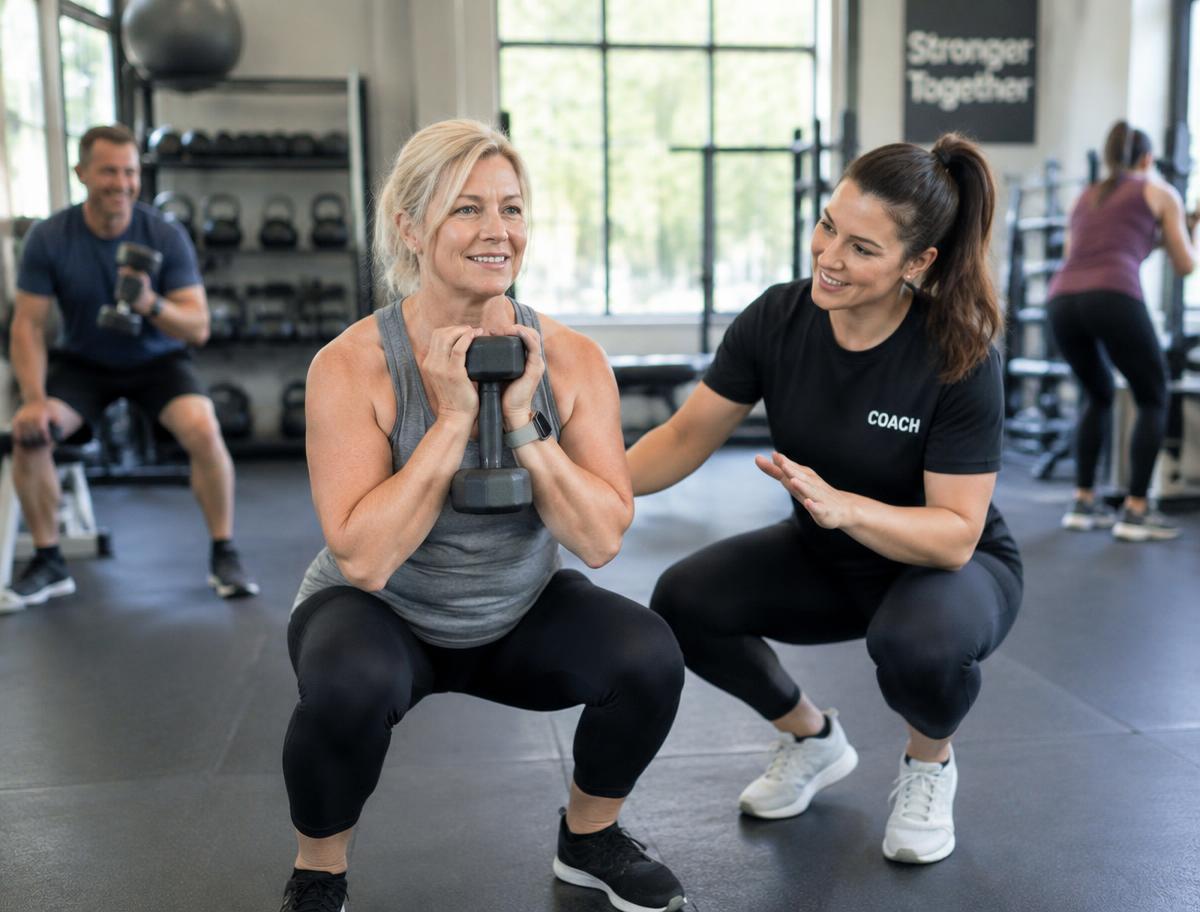 A coach guiding a member through a goblet squat