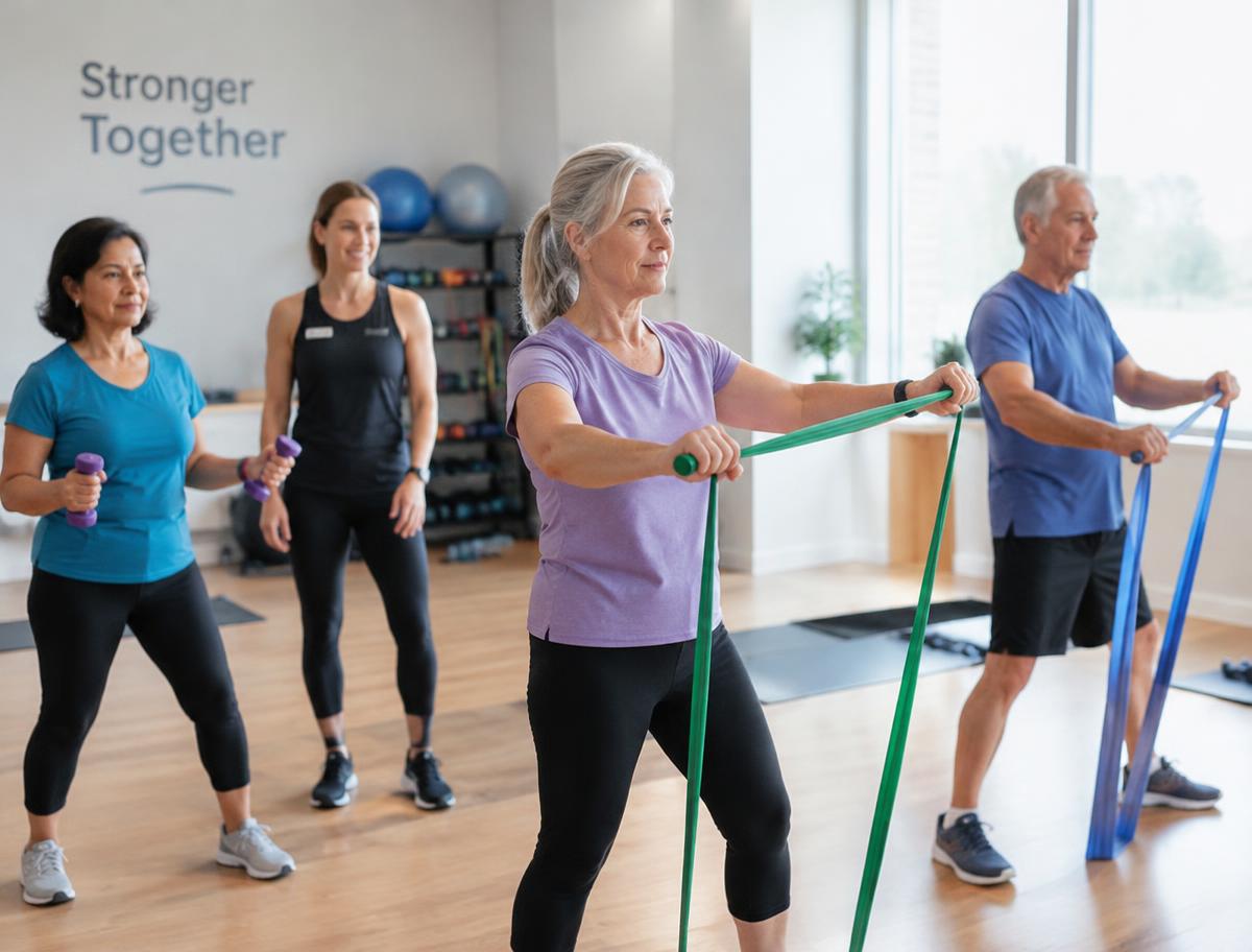 Adults doing mobility exercises with resistance bands in a Get Moving class
