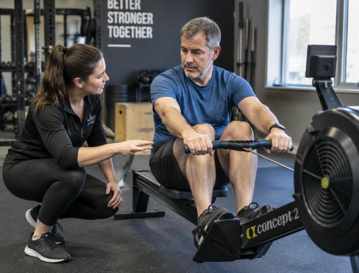 A coach explaining rowing technique to a beginner